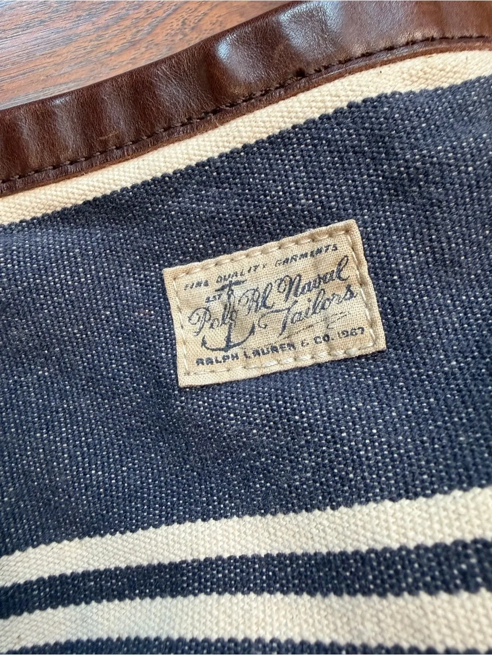 Polo Ralph Lauren Indigo Striped Cotton Canvas Leather Tote Bag Stripe Nautical